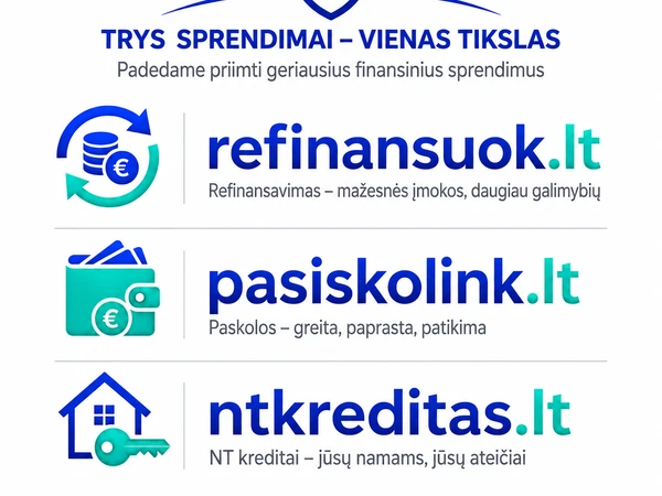 Pirma paskola iki 1000€ be pal?kan? 12 m?n.||Sujunk paskolas ir mok?k mažiau – vos keliais paspaudimais||NT kreditas nuo 1000€ greitai ir be papildom? ?kaini?||Skubus refinansavimas: sumažink finansin? našt? šiandien