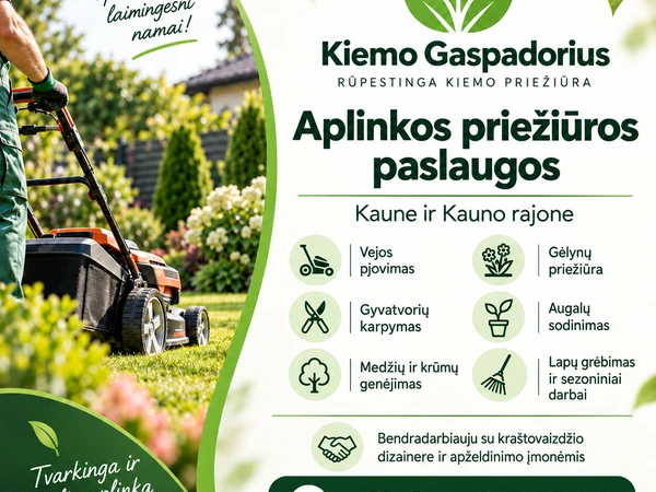 Kiemo prieži?ra Kaune – vejos pjovimas ir gen?jimas||Sodo prieži?ros paslaugos Kaune ir rajone – profesionaliai||Vejos pjovimas Kaune – greitai ir kokybiškai||Gyvatvori? karpymas Kaune – formuojame tvarkingai||Kiemo tvarkymas Kaune – lap? gr?bimas ir rav?jimas||Sodo prieži?ra vis? sezon? – Kaunas ir rajonas||Profesionali kiemo prieži?ra Kaune – augal? sodinimas||Kr?m? gen?jimas Kaune – patikimos paslaugos||Kiemo prieži?ra Kauno rajone – sezoniniai darbai||Sodo ir kiemo prieži?ra Kaune – didinkite NT vert?