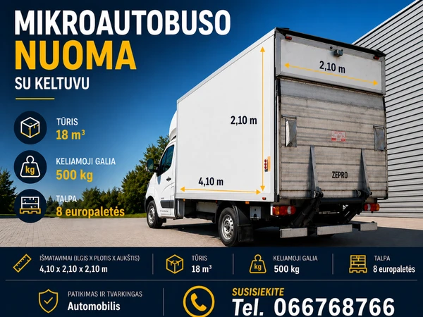 Nuomokis krovinin? mikroautobus? pigiai||Renault Master nuoma su liftu vos nuo 50€||Erdvus mikroautobusas 8 palet?ms gabenti||Krovinini? mikroautobus? nuoma be vairuotojo||Mikroautobuso nuoma su krovini? liftu||Idealus mikroautobusas kroviniams vežti